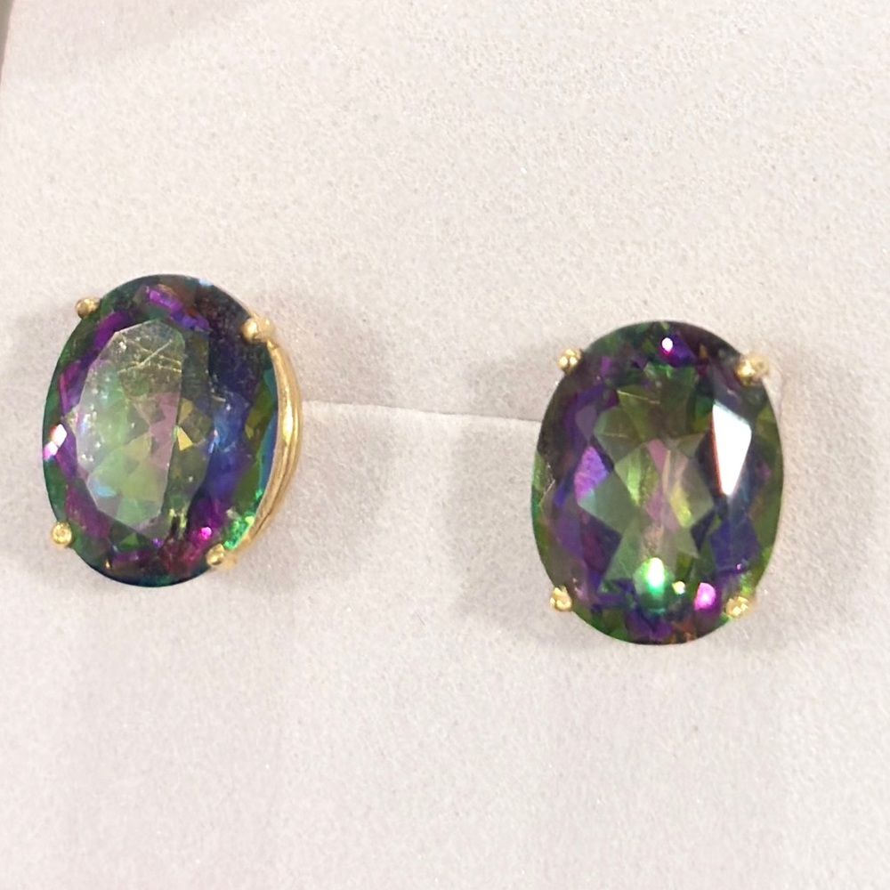 Mystic Topaz 14K Gold Stud Earrings: Clyde Duneier Vintage Solitaire - Picture 5 of 7